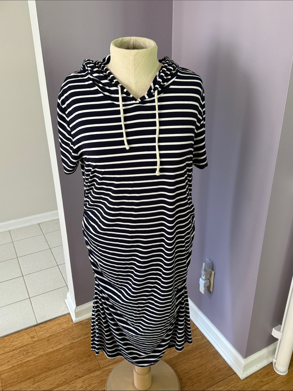 Striped Navy & White Hooded Maternity T-Shirt Dress